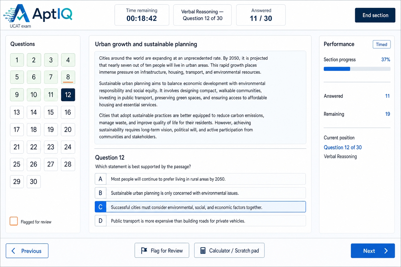AptIQ Test features page showing timed practice, learning tools and exam preparation options