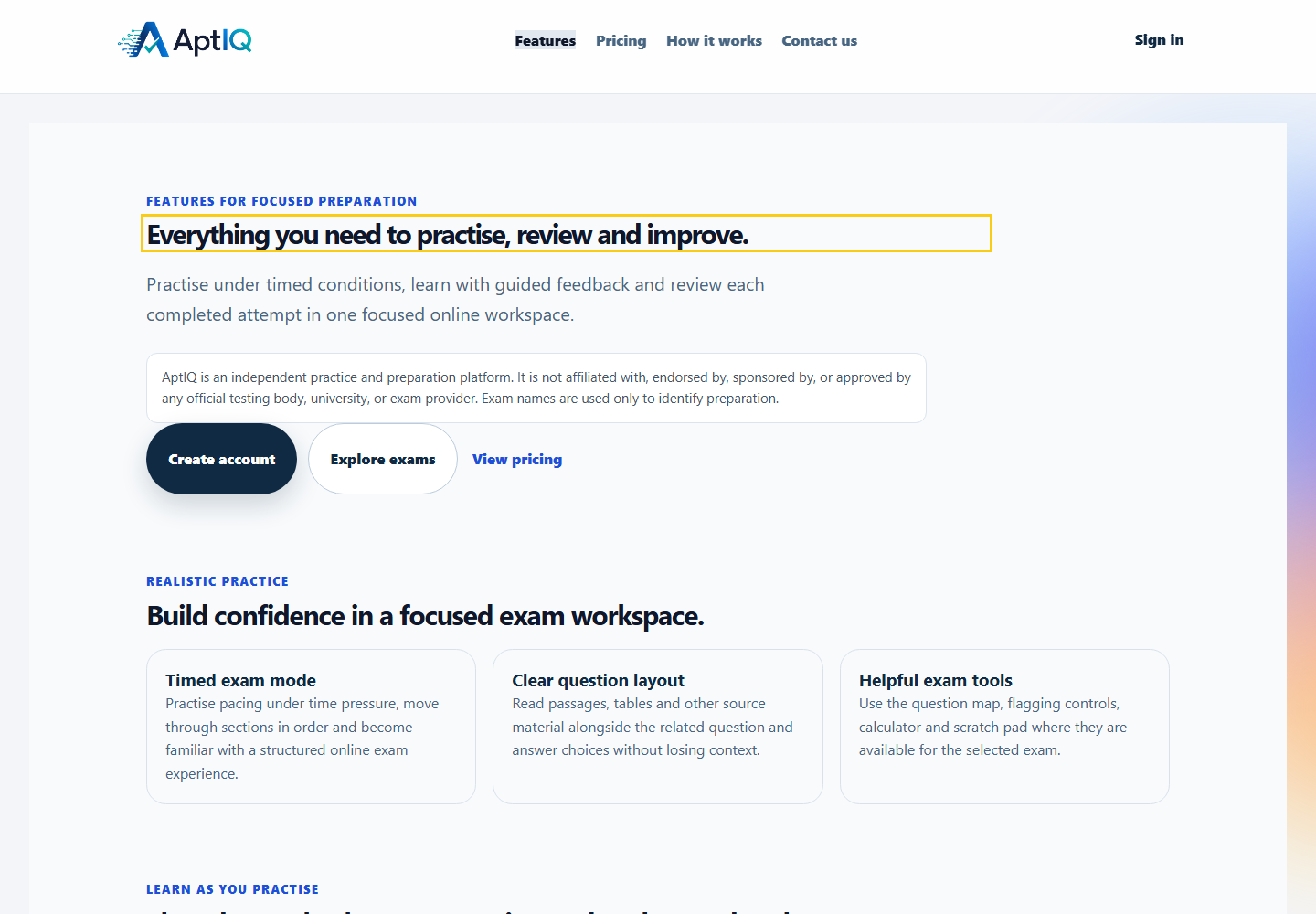 AptIQ Test features page showing timed practice, learning tools and exam preparation options